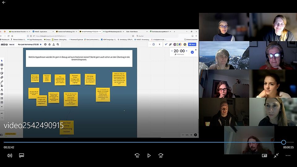 Screenshot aus einem Zoom-Meeting, in dem Erwachsene mit dem Kollaborations-Tool MIRO digital zusammen 