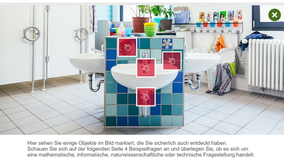 Screenshot: Waschbecken in einer Kita mit klickbaren Hotspots