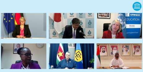 Screenshot mit 6 internationalen Sprechern auf der digitalen BNE-Weltkonferenz 2021